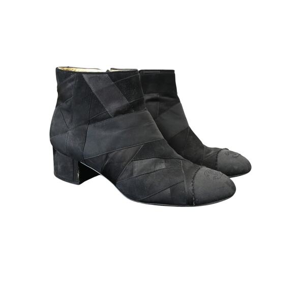 Chanel Patchwork Block Heels Size 39.5 Black Double C Toe Logo - Picture 1 of 10